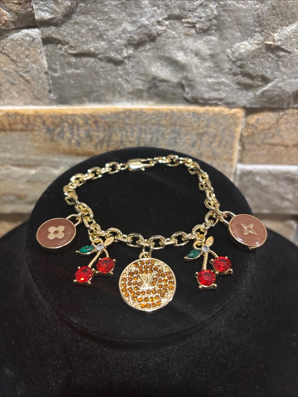 Gold Charm Bracelet with LV & Red Cherry Accents